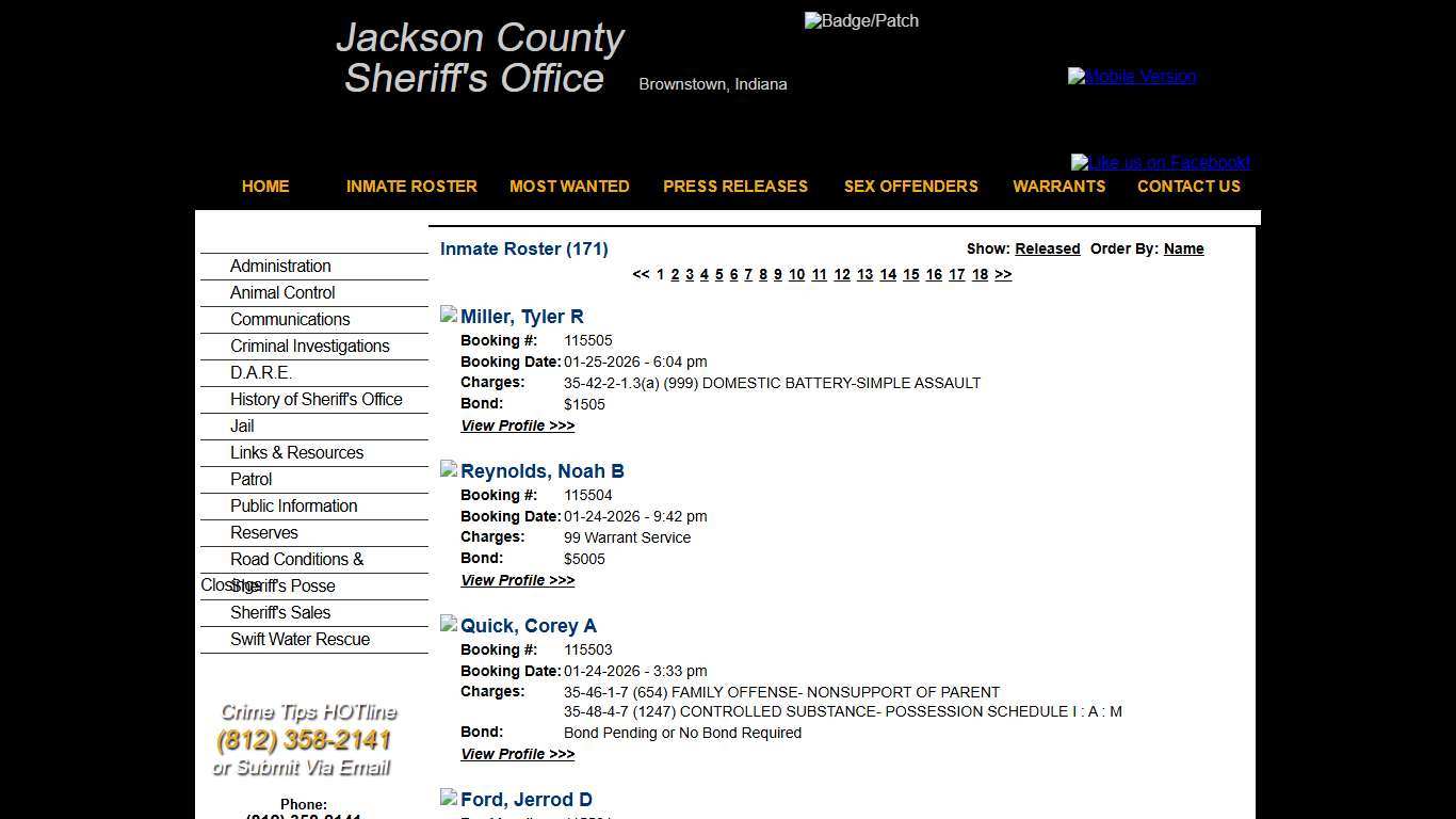 Inmate Roster - Current Inmates Booking Date Descending - Jackson County IN Sheriff